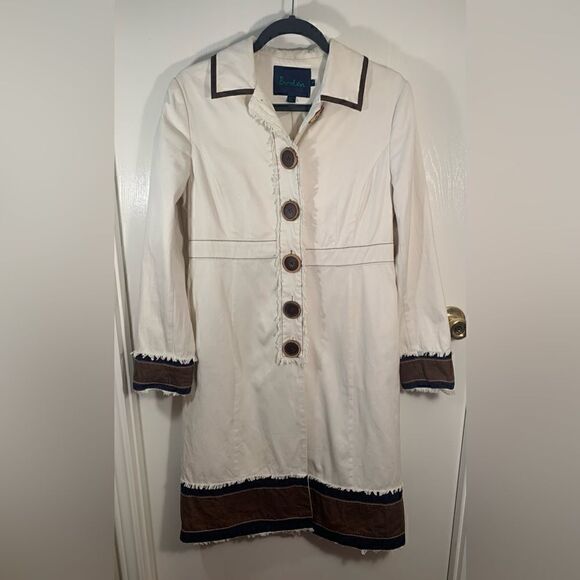 Boden EUC cream/brown cotton long coat with large brown buttons Size 10 - Picture 1 of 9